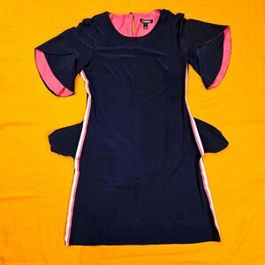 Women's Modest Dress Sz S W/Pockets Navy / Pink Colorblock Tulip Sleeve